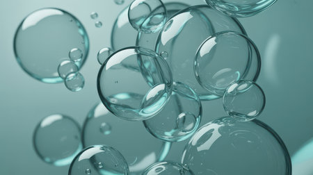 Close up of transparent spherical bubbles of varying sizes floating in a light blue liquid. The bubbles have a glossy sheen and reflect light, creating a sense of depth and movement within the fluid.の素材