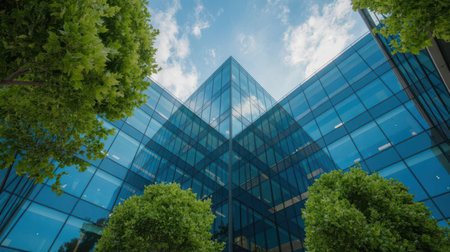 A contemporary glass office building with a blue facade is framed by lush green trees against a bright blue sky with white clouds.の素材