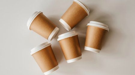 Five brown paper coffee cups with white plastic lids are arranged in a scattered pattern on a plain, light-colored surface.の素材