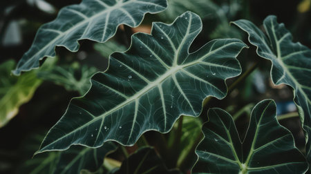 Close-up of dark green Alocasia leaves with prominent white veins and small water droplets. The foliage displays a wavy edge and a rich, deep green color.の素材