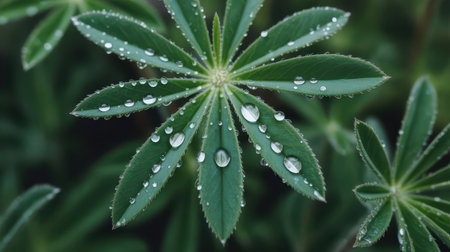 A detailed macro view of a vibrant green lupine leaf covered in numerous glistening water droplets. The soft light highlights the texture and veins of the leaf.の素材