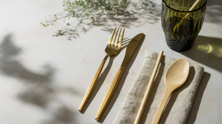Gold fork and knife rest on a textured surface next to a wooden spoon and chopsticks on a linen napkin. A green glass sits to the right, with plant shadows cast across the scene.の素材