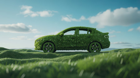 A green car completely covered in lush leaves sits on rolling grassy hills under a blue sky with white clouds.の素材