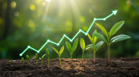 Young green plants emerge from dark soil under bright sunbeams. A luminous green line graph with an upward arrow overlays the scene, indicating growth.の素材