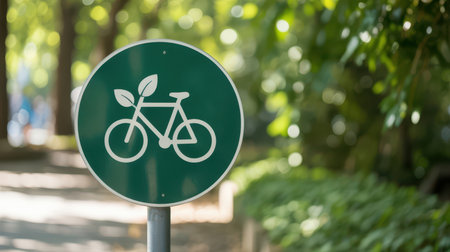 A circular green sign with a white bicycle and leaf symbol stands on a metal pole. The background is a blurred natural setting with green foliage and trees.の素材