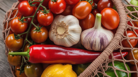 Close-up of a mesh bag filled with ripe red tomatoes, garlic bulbs, a red chili pepper, a yellow lemon, and a green bell pepper on a wooden surface.の素材