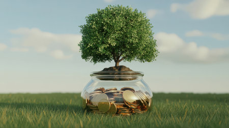 A vibrant green tree sprouts from a glass jar overflowing with gold coins. The jar sits on a sunlit grassy field under a blue sky with scattered clouds.の素材