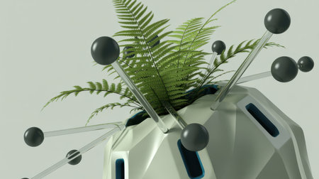 A futuristic geometric planter in off-white holds a vibrant green fern. Dark gray spheres are attached to clear rods extending from the planter.の素材