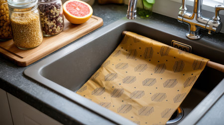 A kitchen sink with jars of lentils and beans, a grapefruit half on a wooden cutting board, and a patterned cloth draped inside.の素材