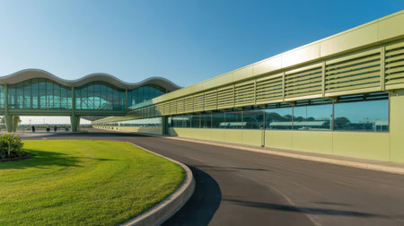 A bright green airport terminal building features a wavy glass skybridge. A paved road curves past a manicured green lawn under a clear blue sky.の素材