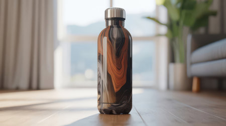 A marbled reusable water bottle with a silver cap stands on a light wood floor. Natural light streams in from a window, casting shadows.の素材