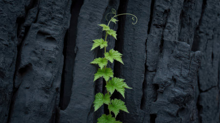 Green vine showing green vine with bright leaves growing on dark textured burnt wood surface plant growth. High resolution image suitable for commercial use. Clear details and vibrant colors enhanc...の素材