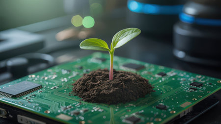 A small green sprout with two leaves emerges from a mound of dark soil on a vibrant green circuit board. Electronic components are visible on the board.の素材