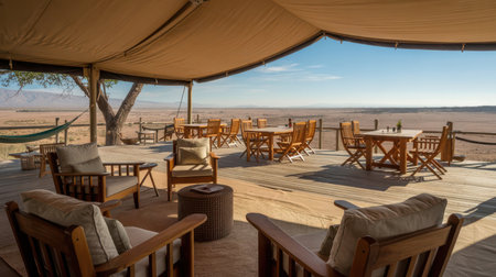 Wooden tables and chairs on a deck under a large tan canopy. Lounge chairs and a hammock are visible. The background shows a vast African savannah with distant mountains under a clear blue sky.の素材