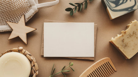 Flat lay arrangement of natural soaps, a wooden comb, a blank card on an envelope, a wooden star, a basket with soap, and a mesh bag on a brown background.の素材