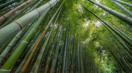Looking up through a dense bamboo forest with tall green stalks arching overhead. Sunlight filters through the lush green leaves creating a dappled light effect.の素材