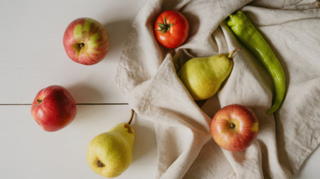 Red apples, yellow pears, a red tomato, and a green pepper are arranged on a white surface with a textured linen cloth.の素材