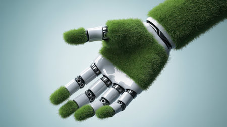 A white robotic hand with articulated fingers is covered in vibrant green grass. The hand is extended forward in a handshake gesture against a soft, gradient light blue background.の素材