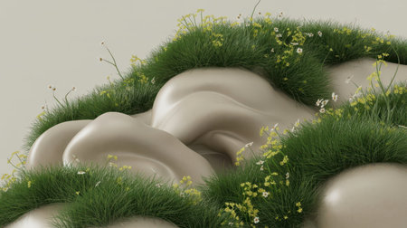 Smooth, flowing beige abstract forms are covered in lush green grass dotted with tiny white and yellow wildflowers against a neutral background.の素材