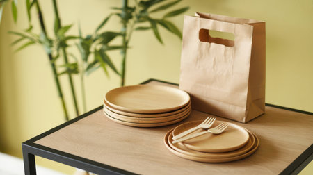 Stacked natural bamboo plates and wooden forks sit on a light wood table next to a brown paper bag. Green bamboo leaves are blurred in the background.の素材