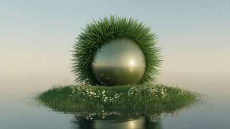 A metallic sphere covered in lush green grass and small white flowers sits on a small island in calm water. The sky is a soft gradient of blue and yellow.の素材