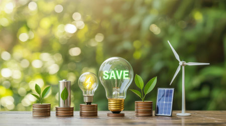 A collection of renewable energy symbols and savings concepts arranged on a wooden surface with a blurred green natural background.の素材