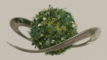 A spherical terrarium filled with lush green foliage and delicate white flowers is embraced by flowing metallic swirls against a neutral background.の素材