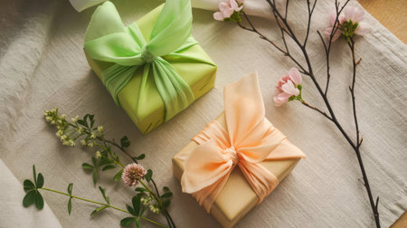 Two gifts wrapped in fabric sit on a textured linen cloth. One is pastel green with a green ribbon, the other is peach with a peach ribbon. Delicate pink blossoms and bare branches are scattered around.の素材