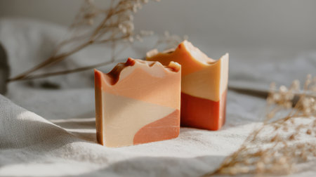 Two artisan soaps with swirled layers of orange cream and white sit on a textured linen surface. Soft light illuminates the soaps and dried plant sprigs.の素材