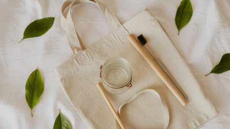 A flat lay composition featuring a beige canvas tote bag, a bamboo toothbrush, a small glass jar, and several green leaves scattered on a white textured surface.の素材