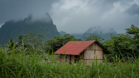 A small bamboo hut with a red corrugated metal roof sits amidst dense green foliage. Misty, cloud-covered mountains rise in the background under an overcast sky.の素材