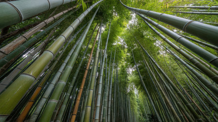 Looking up through a dense forest of towering green bamboo stalks with visible segments and leaves overhead.の素材