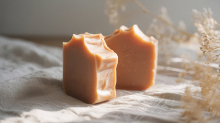Two bars of natural orange soap sit on a textured off-white cloth. Dried delicate flowers are blurred in the foreground and background.の素材