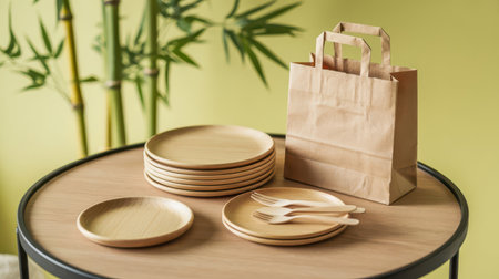 Natural wood plates stacked with forks on a wooden table next to a brown paper bag. Green bamboo stalks are visible in the background against a light yellow wall.の素材