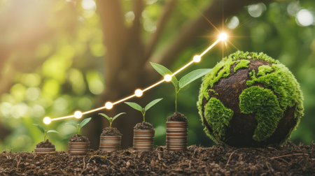 Stacks of coins with small green sprouts emerging from them, leading to a moss-covered earth globe. A glowing line graph ascends from left to right.の素材
