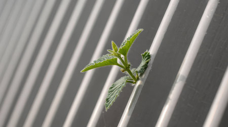 A small green plant with serrated leaves pushes through a gap in a white metal grate. The plant is in focus against a background of parallel white bars and gray shadows.の素材