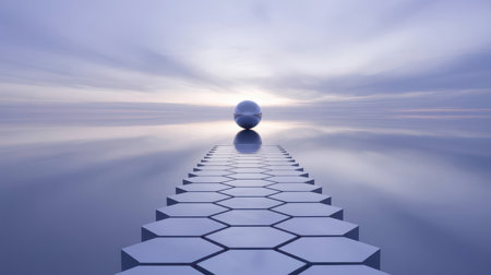 A solitary hexagonal path extends towards a reflective sphere under a pastel sky with wispy clouds. The scene is dominated by cool blues and purples with a mirror-like surface.の素材