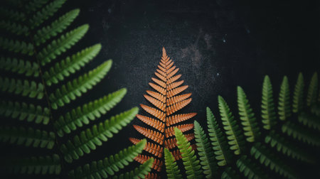 Vibrant green fern leaves border a dried, orange fern frond against a dark, textured background. Macro detail highlights the organic patterns and contrasting colors.の素材