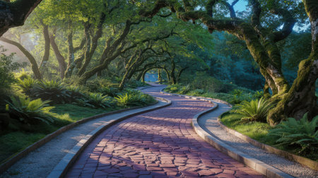 A winding red cobblestone path curves through a lush green garden. Sunlight filters through moss-covered trees, creating dappled shadows on the textured stone walkway.の素材