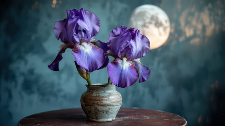 Two vibrant purple irises in a rustic ceramic vase sit on a wooden surface. A blurred full moon and bokeh lights are visible in the textured blue background.の素材