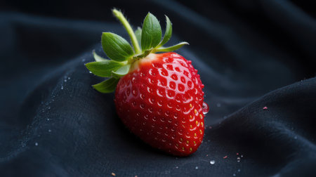 A single ripe red strawberry with green leaves and visible water droplets rests on a dark, textured fabric. The lighting highlights the fruit's surface and the surrounding moisture.の素材