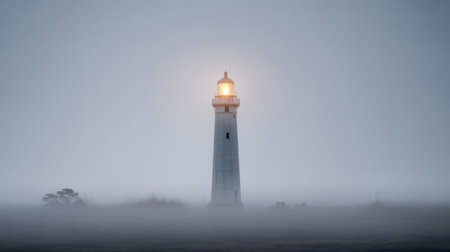 A tall white lighthouse stands in dense grey fog, its glowing orange light piercing the mist. The surrounding landscape is obscured, creating an atmospheric and isolated scene.の素材