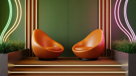 Two orange egg-shaped chairs face each other on wooden steps. Green wall background with vertical wood paneling and wavy neon lights in green and pink.の素材