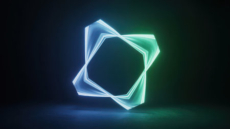 An abstract geometric ring, formed by interconnected polygons, glows with a vibrant blue and green neon light against a dark, textured background. Clear details and vibrant colors enhance visual ap...の素材
