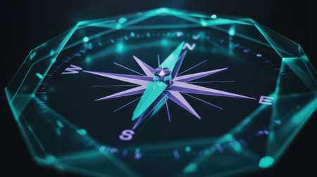 A futuristic, digital compass with a glowing neon blue and purple outline and intricate geometric patterns, set against a dark background. Clear details and vibrant colors enhance visual appeal.の素材