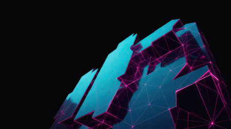 An angular, faceted geometric structure in teal is illuminated with vibrant pink neon light along its edges, set against a stark black background. Clear details and vibrant colors enhance visual ap...の素材