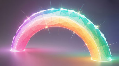A vibrant, geometric rainbow arch is formed from colorful polygons with glowing neon edges and sparkling highlights against a soft gradient background. Clear details and vibrant colors enhance visu...の素材