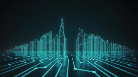 A futuristic city skyline constructed from glowing blue lines, set against a dark background with a circuit board pattern. Clear details and vibrant colors enhance visual appeal.の素材