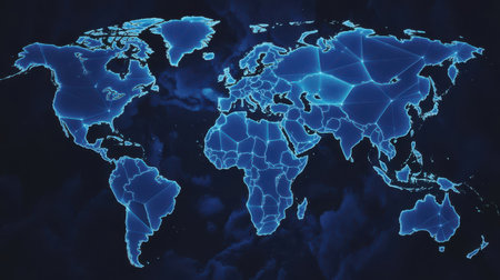 Interconnected showing digital world map with connected blue lines and dark background. High resolution image suitable for commercial use. Clear details and vibrant colors enhance visual appeal.の素材