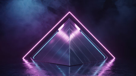 Reflections showing futuristic neon pyramid with pink and blue lights reflecting on wet surface. High resolution image suitable for commercial use. Clear details and vibrant colors enhance visual a...の素材